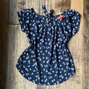 Navy floral flutter sleeve blouse